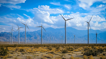 A field of tall windmills with blades turning in sync, generating clean energy on a windy day.の素材