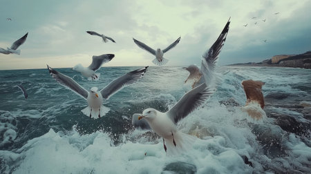 A group of seagulls with wings outstretched, gliding above the ocean waves on a windy day.の素材
