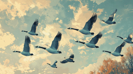 A flock of geese flying south for the winter, their wings beating rhythmically in the sky.の素材