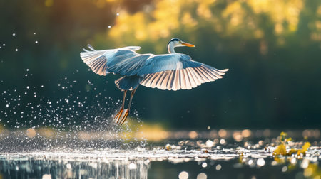 A heron lifting off from a marsh, with its wings fully spread and water droplets trailing behind.の素材