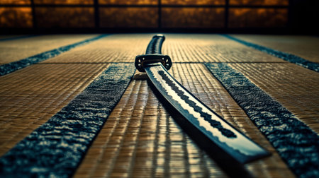 A katana sword with a beautifully polished blade, laid out on a traditional tatami mat.の素材