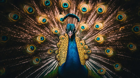 A peacock displaying its magnificent tail feathers, with vibrant colors and eye-like patterns visible.の素材