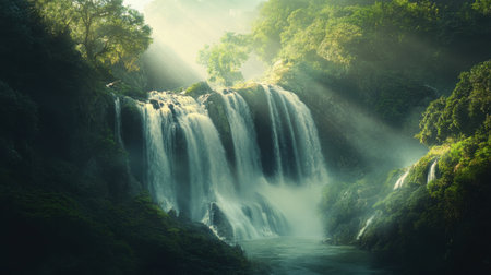 A majestic waterfall cascading into a lush, green forest, surrounded by mist and sunlight.の素材