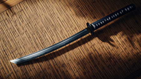 A katana sword with a beautifully polished blade, laid out on a traditional tatami mat.の素材