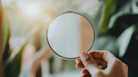A person holding a small mirror, checking their makeup in natural daylight.の素材