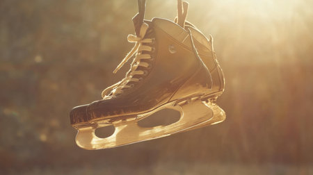 A pair of ice skates hanging by their laces, with sharp blades glinting in the sunlight.の素材