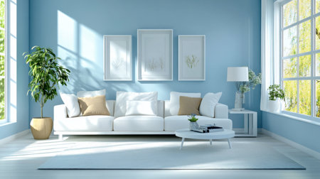 A modern living room with light blue walls, white furniture, and soft natural lighting creating a calm atmosphere.の素材