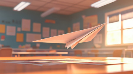 A paper airplane in mid-flight, with its wings sharply folded, sailing through a classroom.の素材