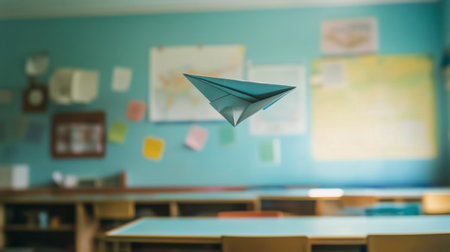 A paper airplane in mid-flight, with its wings sharply folded, sailing through a classroom.の素材