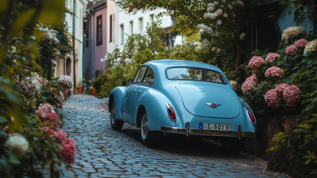 A light blue vintage car parked on a cobblestone street lined with blooming flowers.の素材