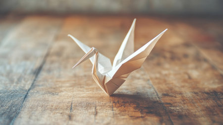 A paper crane with folded wings, beautifully crafted and sitting on a wooden table.の素材
