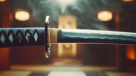 A samurai sword with a gleaming blade, ready for a martial arts demonstration in a dojo.の素材
