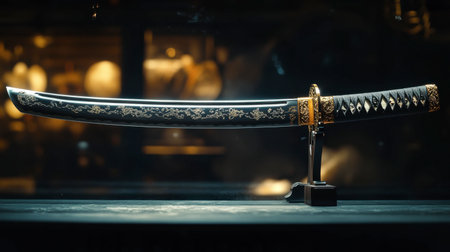 A samurai sword with an ornate handle, its blade gleaming under soft lighting, resting on a display stand.の素材