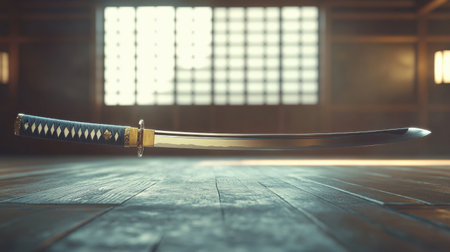 A samurai sword with a gleaming blade, ready for a martial arts demonstration in a dojo.の素材
