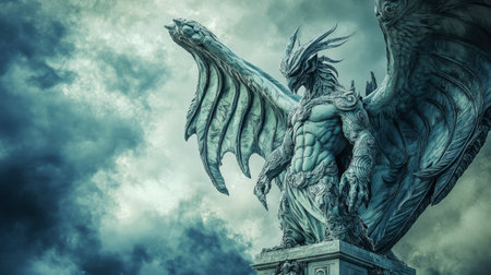 A statue of a mythical creature with large, detailed wings, set against a stormy sky.の素材