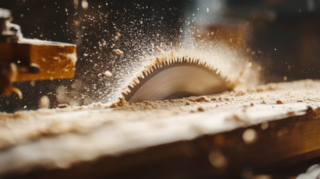 A table saw blade slicing through a wooden plank, with sawdust flying in all directions.の素材