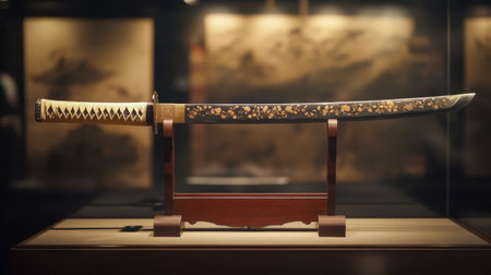 A samurai sword with an ornate handle, its blade gleaming under soft lighting, resting on a display stand.の素材