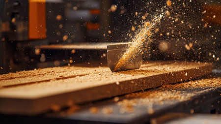 A table saw blade slicing through a wooden plank, with sawdust flying in all directions.の素材