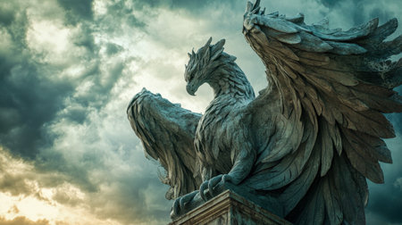 A statue of a mythical creature with large, detailed wings, set against a stormy sky.の素材