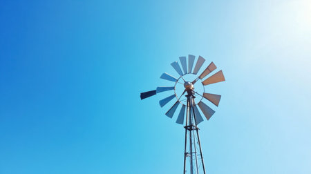 A windmill's large blade slowly rotating against the backdrop of a bright blue sky.の素材
