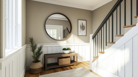 A stylish entryway with a round mirror reflecting a welcoming home atmosphere.の素材