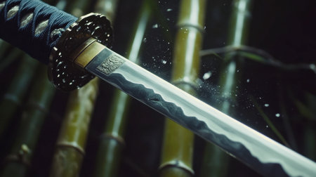 A shot of a katana sword's blade in action, slicing cleanly through a bamboo stalk in a dojo.の素材