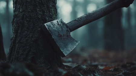 A shot of an axe blade embedded in a tree trunk after a powerful swing in a forest clearing.の素材