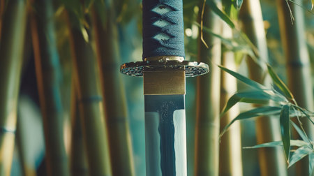 A shot of a katana sword's blade in action, slicing cleanly through a bamboo stalk in a dojo.の素材
