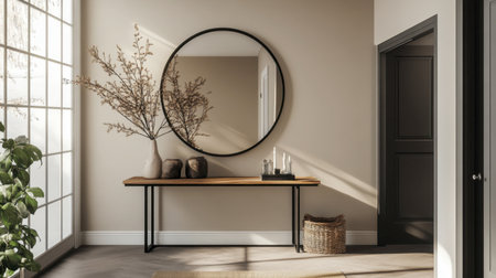 A stylish entryway with a round mirror reflecting a welcoming home atmosphere.の素材