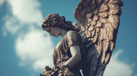 An angel statue with detailed, feathered wings, standing against a backdrop of a blue sky.の素材