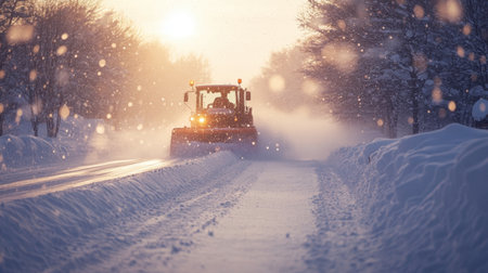 A snowplow blade pushing through heavy snow on a rural road, clearing a path in the early morning.の素材