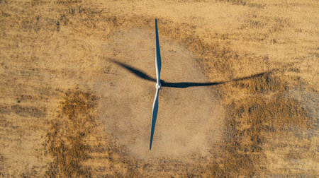 A wind turbine long blade casting a shadow on the ground as it turns slowly in the wind.の素材