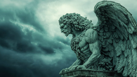 A statue of a mythical creature with large, detailed wings, set against a stormy sky.の素材