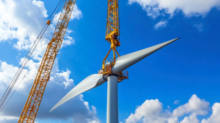 A wind turbine's blade being lifted by a crane during installation on a wind farm.の素材