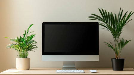 A minimalist desk with a computer monitor, a keyboard, and a potted plant, creating a clean, productive workspace.の素材