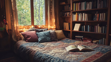 A bed with a soft quilt, decorative pillows, and a cozy reading nook nearby, perfect for a relaxing evening.の素材