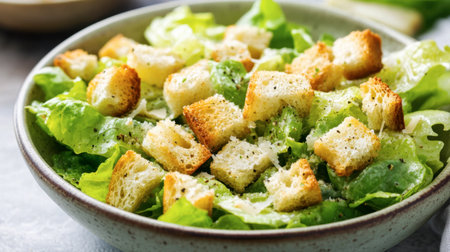 A classic Caesar salad with crisp romaine lettuce, croutons, Parmesan cheese, and a tangy Caesar dressing.の素材