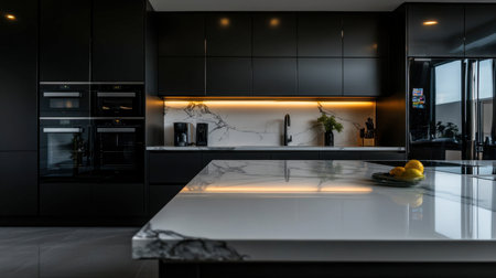 A sleek kitchen with dark cabinets, a marble countertop, and modern appliances, designed for stylish cooking.の素材
