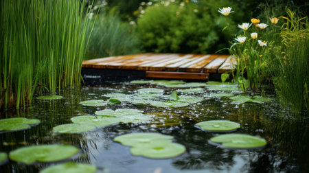A tranquil pond surrounded by lush green reeds, water lilies, and a small wooden dock extending over the water.の素材