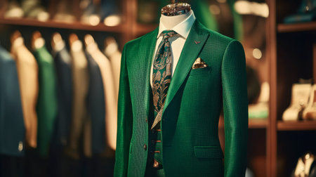A fashion-forward outfit featuring a green blazer, matching trousers, and stylish accessories, displayed on a mannequin.の素材