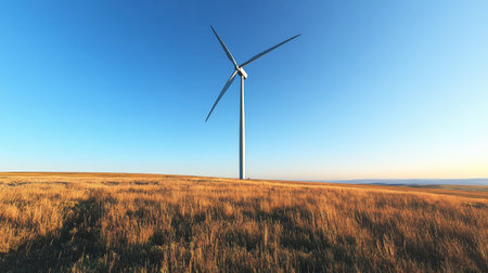 A wind turbine with its massive blades turning slowly against a clear blue sky in an open field.の素材