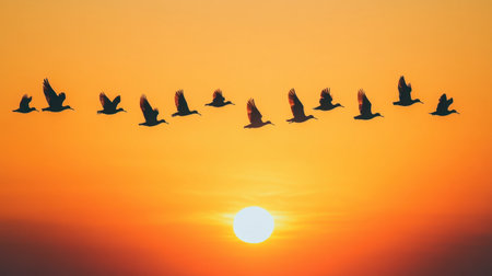 A flock of birds flying in a V-formation, silhouetted against a golden sunset.の素材
