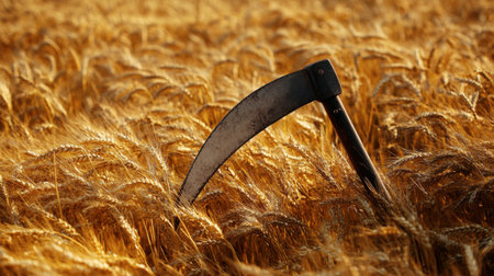 A close-up of the blade of a scythe cutting through a field of golden wheat at harvest time.の素材