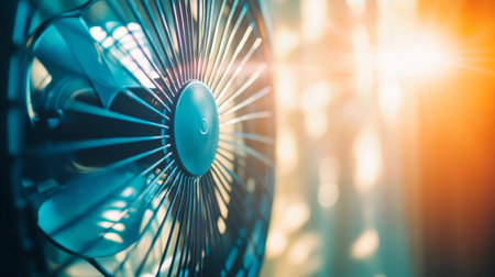 A fan blade spinning rapidly, creating a breeze in a warm room on a summer day.の素材