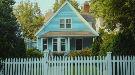 A light blue house with white trim, nestled in a quaint neighborhood with a picket fence.の素材