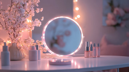 A mirror on a vanity table, surrounded by soft lighting and beauty products, creating a luxurious atmosphere.の素材