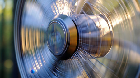 A fan's metal blades captured in motion, with the wind visibly affecting nearby papers.の素材