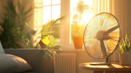 A fan blade spinning rapidly, creating a breeze in a warm room on a summer day.の素材