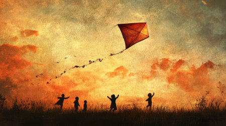 A kite soaring high in the sky, its wings catching the wind, with children flying it on the ground below.の素材