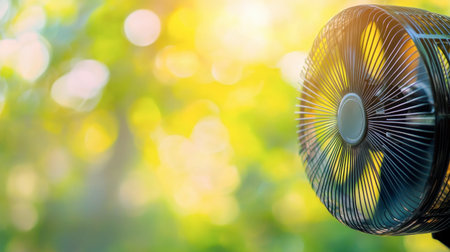 A fan's blades creating a blurred circle as they spin rapidly, cooling down a summer day.の素材